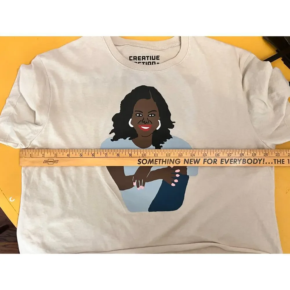 ☀️Creative Action Network Michelle Obama Crop Graphic T-Shirt Beige Women's L - Picture 4 of 5